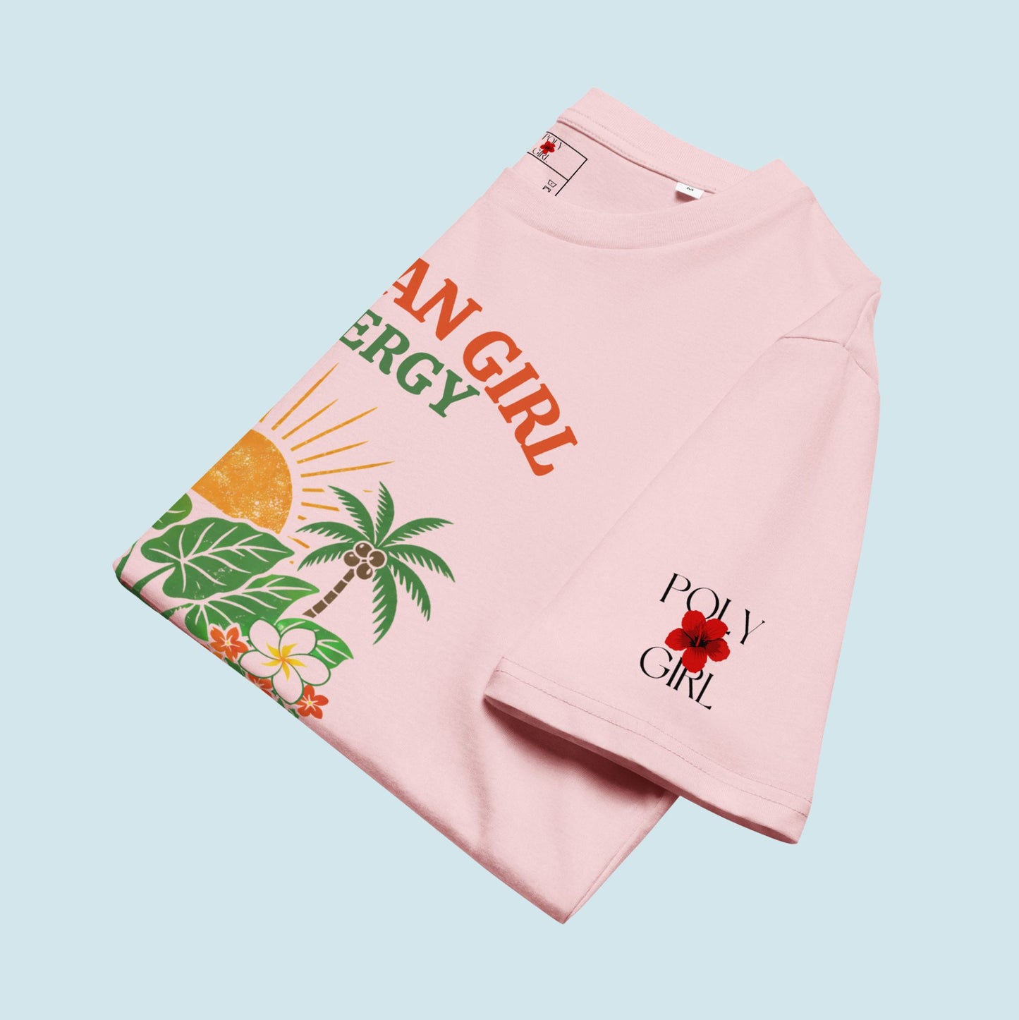 Folded Tongan Girl Energy Tee with Poly Girl logo on sleeve