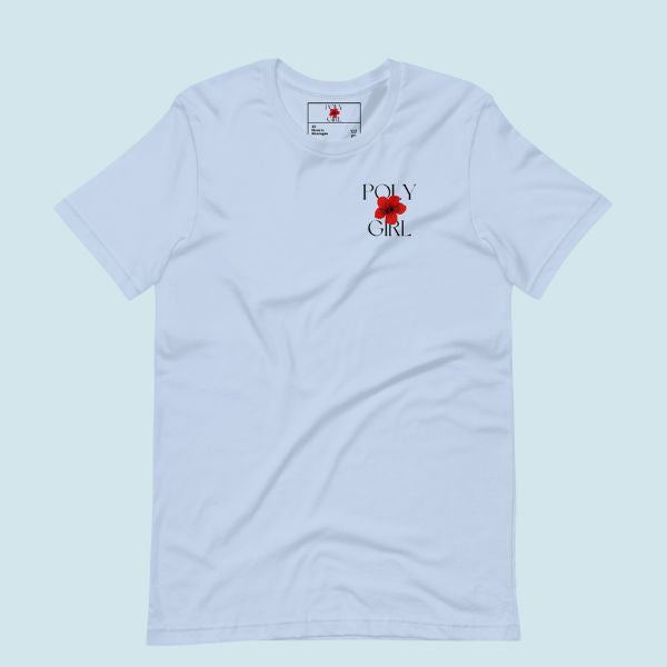 Light blue Nice Bola shirt front view with Poly Girl logo.