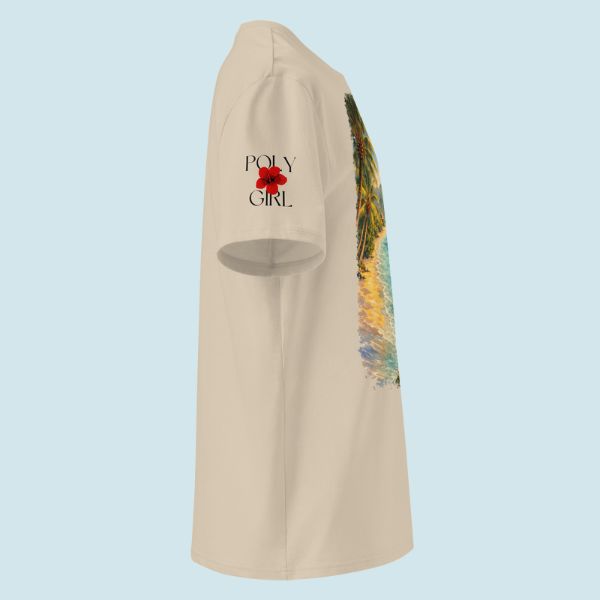 Poly Girl logo on right sleeve island reverie tee