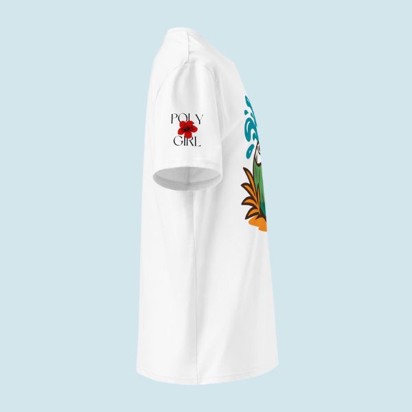 White shirt with 'Poly Girl' logo and graphics on a light blue background