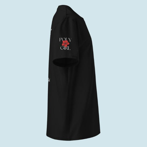Poly Girl logo on right sleeve of Ura line art tee