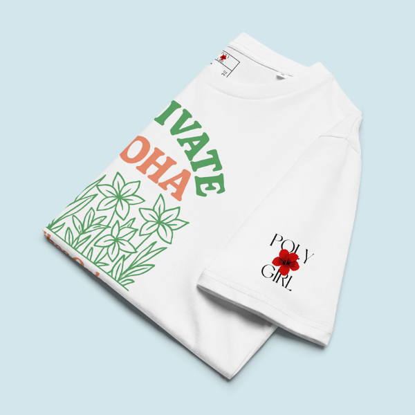 Poly Girl logo on sleeve of Cultivate Aloha tee