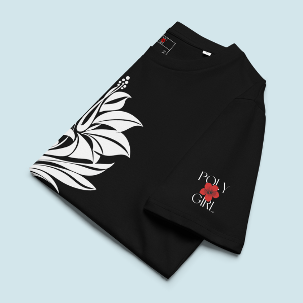 Poly Girl logo on sleeve of art deco white hibiscus tee