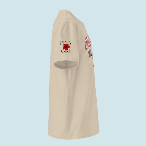 Poly Girl logo on sleeve of vartisty tee