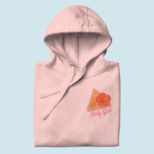 Pink hoodie with floral design and 'Poly Girl' text on a light blue background