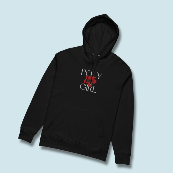 Black hoodie with 'POY Girl' text and logo on a light blue background