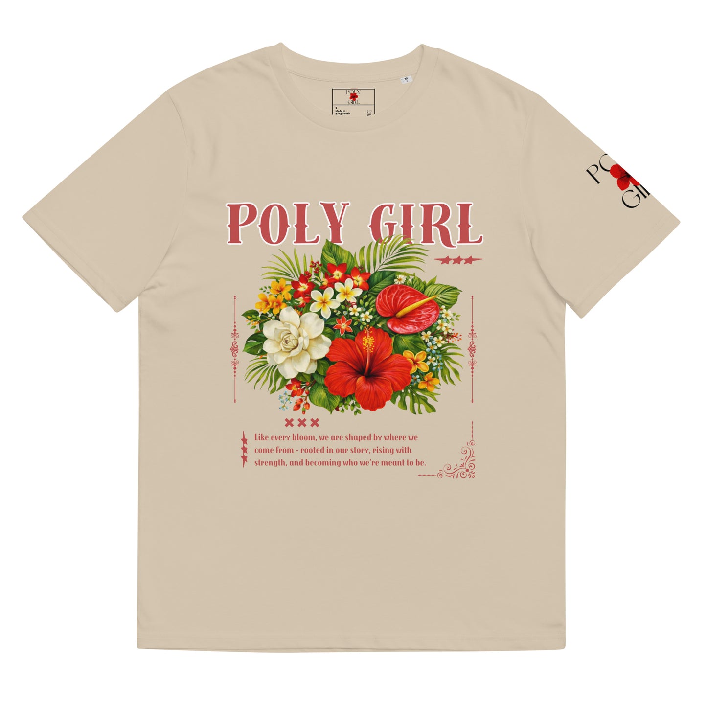 Poly Girl tee with baroque style floral design in beige