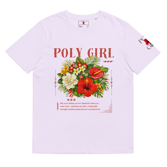 Poly Girl tee with baroque style floral design in lavender