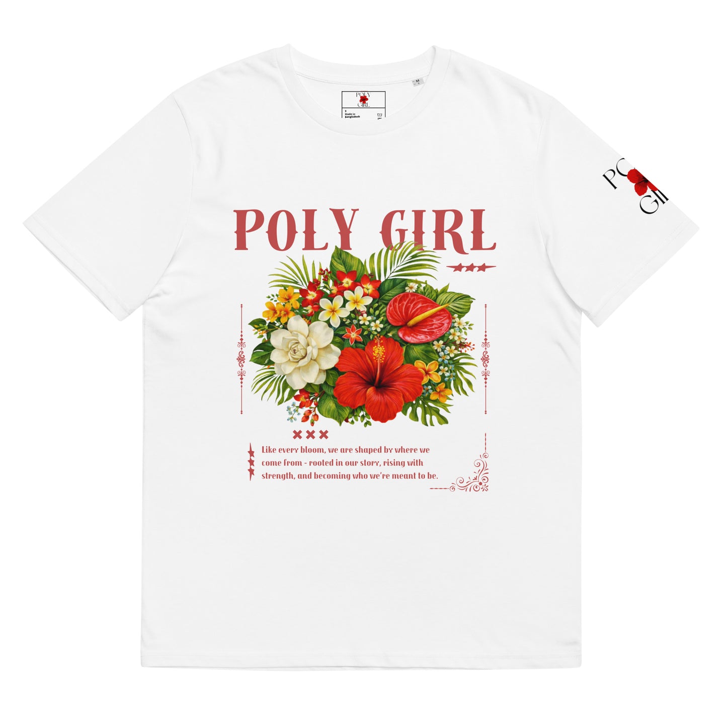 Poly Girl tee with baroque style floral design in white