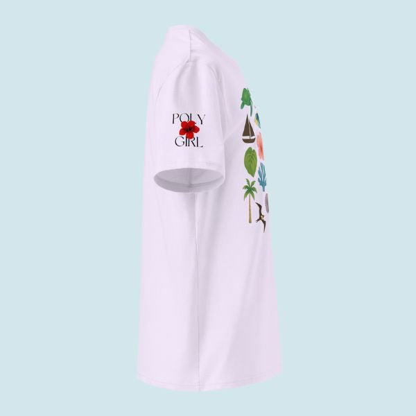 Poly Girl, the island girl's brand logo on right sleeve of Dreaming of Paradise Tee