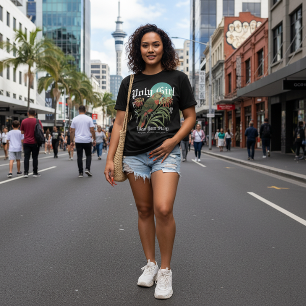Woman standing on a Aukland New Zealnad city street wearing a black Harakeke Nourish Tee design by Poly Girl.
