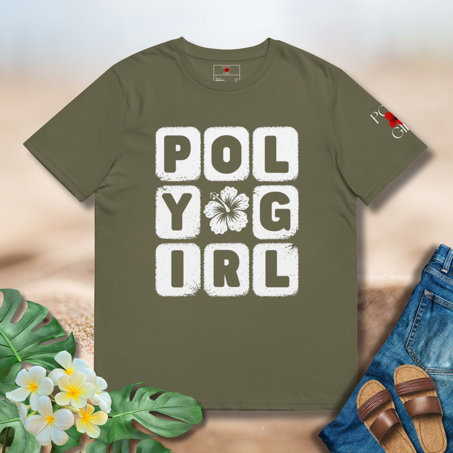 Poly Girl block design navy tee with hibiscus center in vintage white print