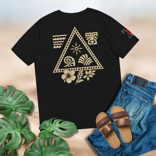 Polynesian triangle motifs printed on back of black tshirt