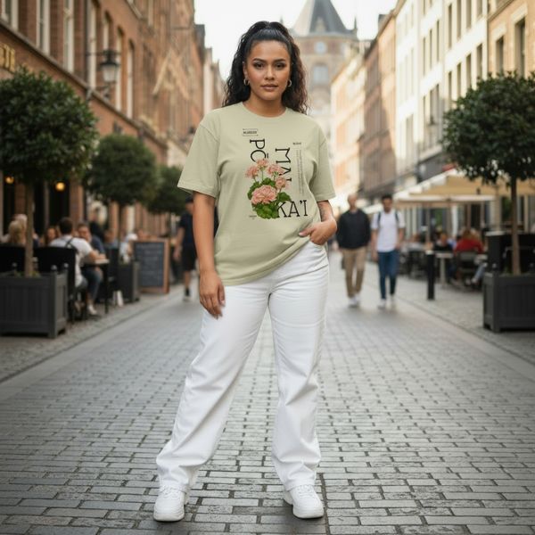 Woman wearing a light green t-shirt with floral design and text, Pomaika'i, standing on a city street.