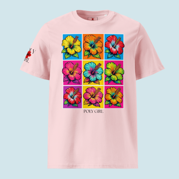White tee with a pop-art grid of hibiscus flowers in red, pink, orange, blue, and purple tones, designed as a modern floral portrait by Poly Girl