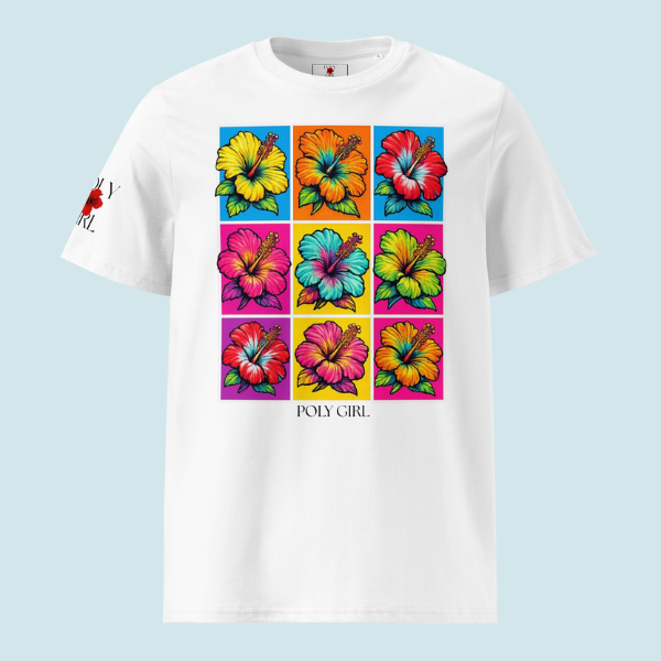 White tee with a pop-art grid of hibiscus flowers in red, pink, orange, blue, and purple tones, designed as a modern floral portrait by Poly Girl