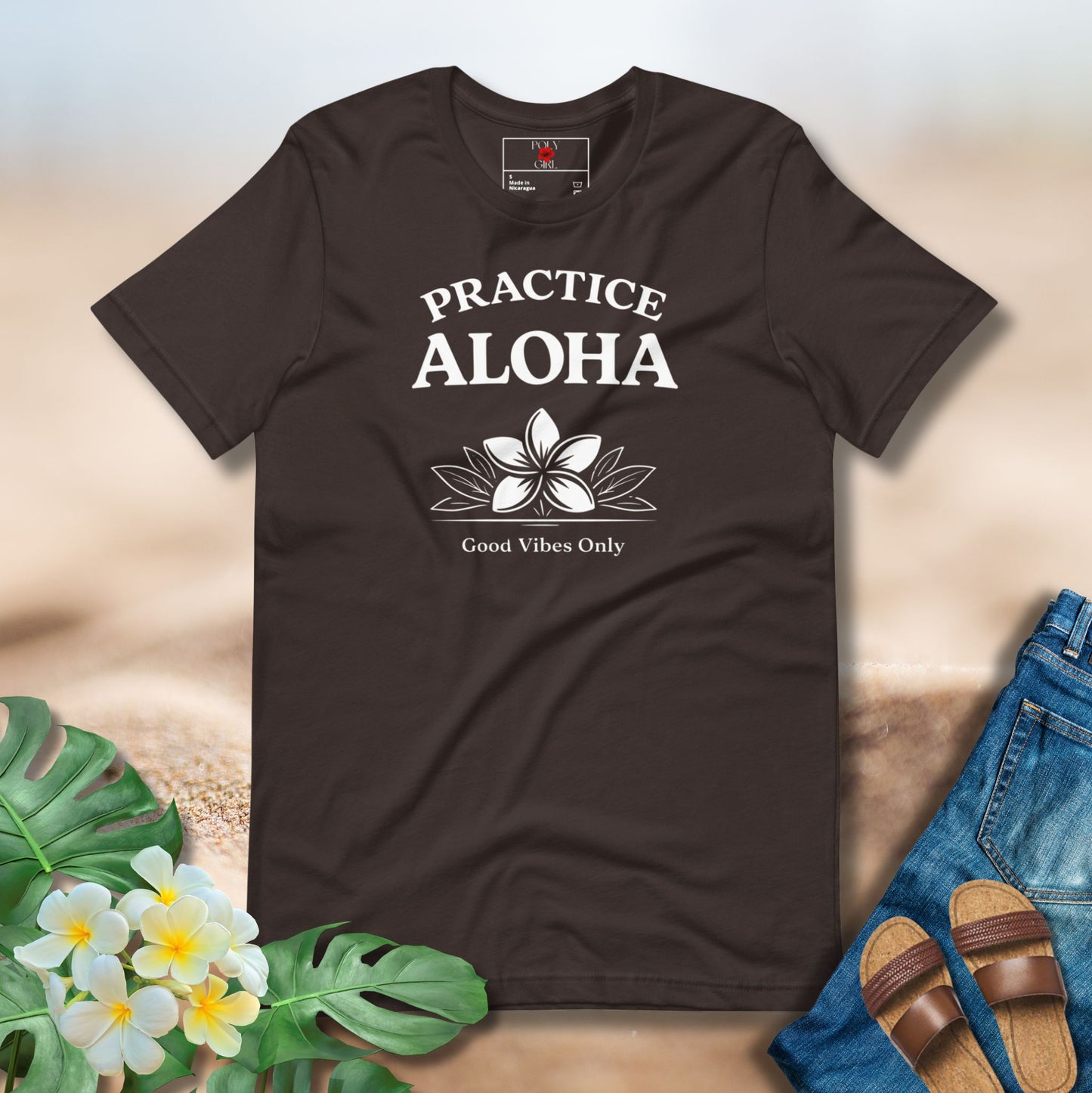 Practice Aloha with pua design on brown shirt by Poly Girl 