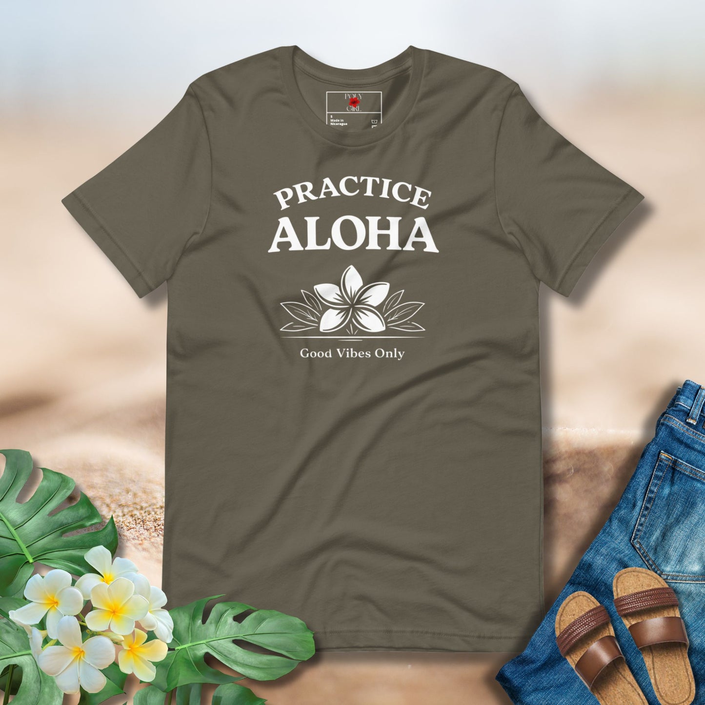Practice Aloha with pua design on navy shirt by Poly Girl 