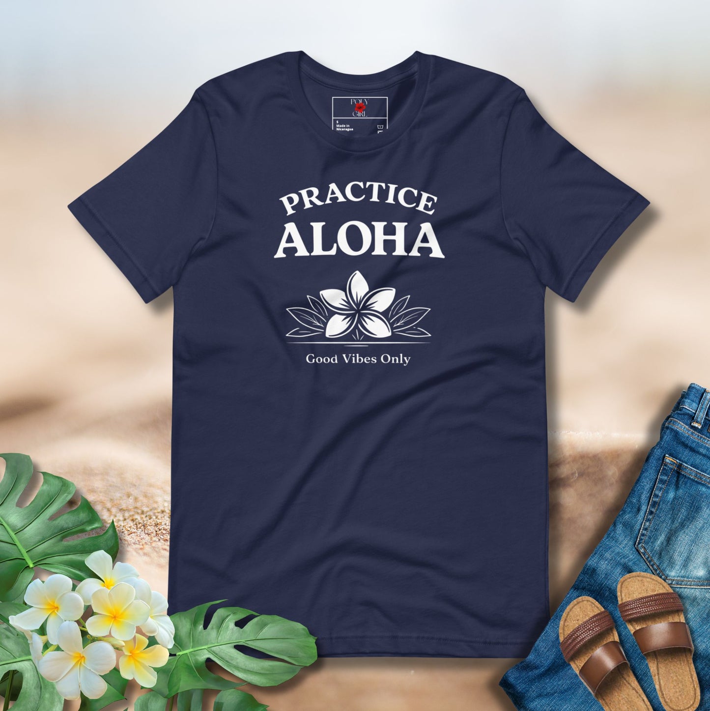 Practice Aloha with pua design on navy shirt by Poly Girl 