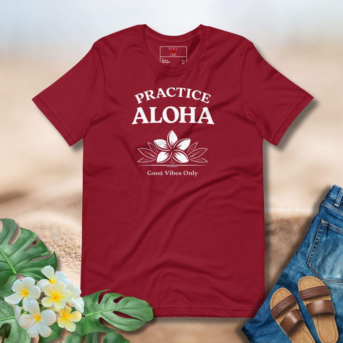 Practice Aloha with pua design on red shirt by Poly Girl 