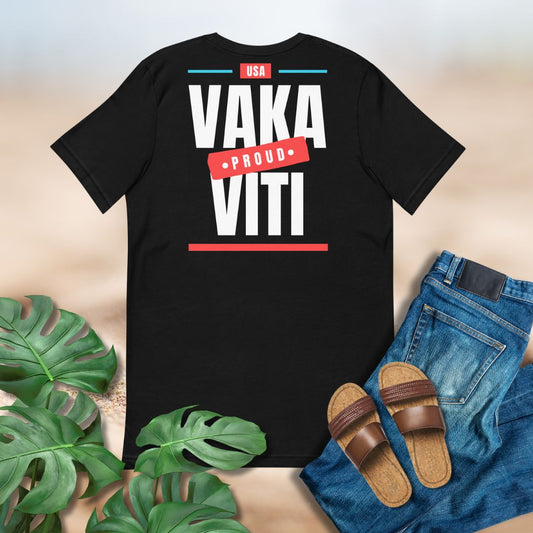 Black t-shirt with 'Vaka Proud Viti' text, paired with jeans and sandals on a neutral background.
