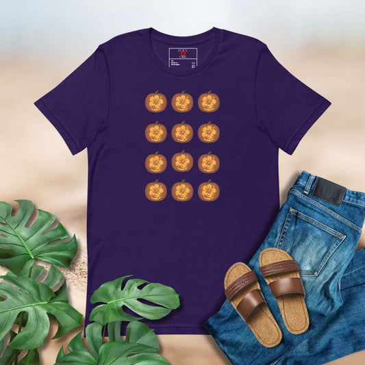 Purple tee featuring hibiscus pumpkin patch Halloween design