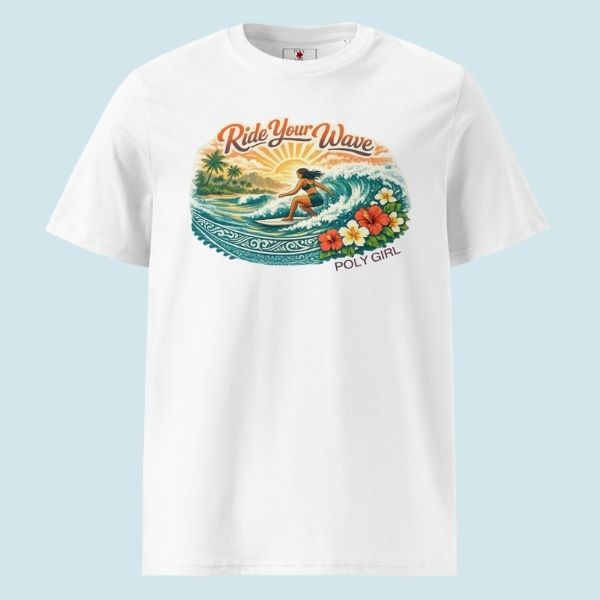 Ride Your Wave tee by Poly Girl featuring an island surf illustration with a woman riding a wave, tropical florals, sun.