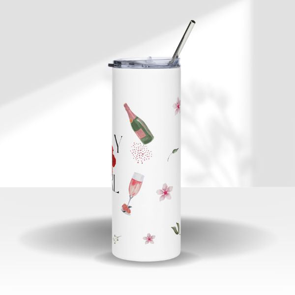 White tumbler with champagne bottle and glass design on a white background
