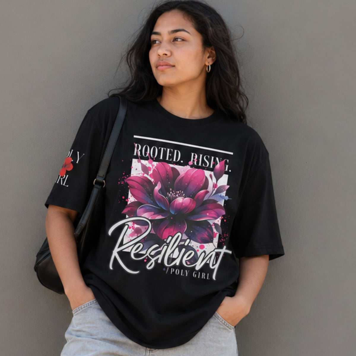 Rooted._Rising._Resiient Tee by Poly Girl in Black