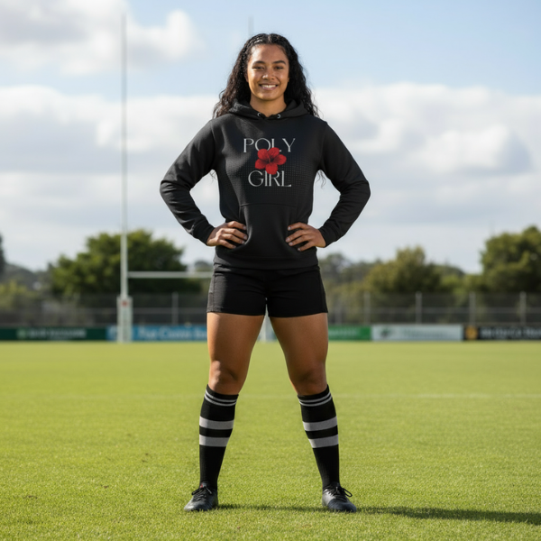 Athlete wearing a 'Poly Girl' hoodie in black.