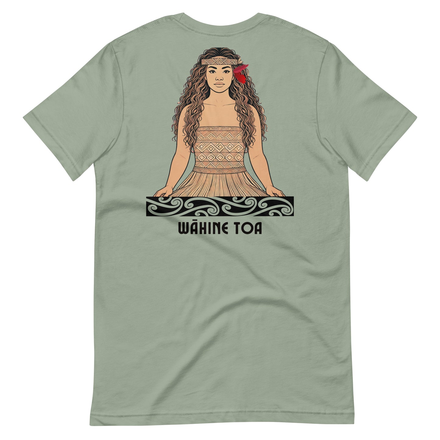 Wahine Toa design on back of sage color tee by Poly Girl