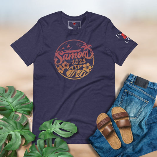 Navy blue t-shirt with 'Samoa 2025' design, paired with jeans and sandals on a light background.