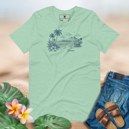 Samoa beach shirt with palm trees, mountains, fale, and ocean waves