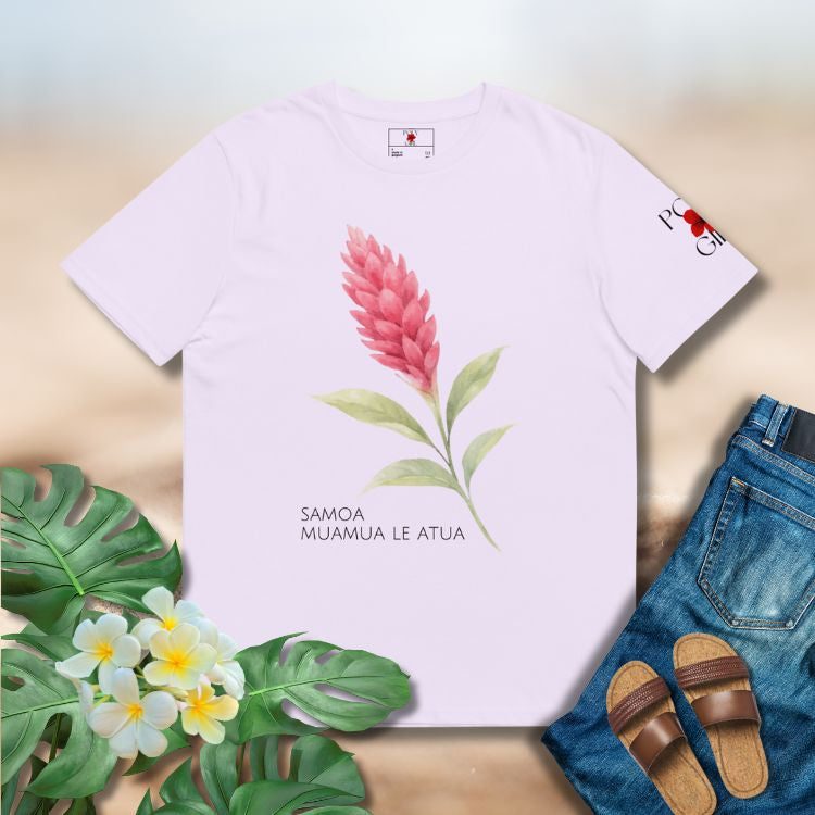 Samoa Muamua Le Atua Tee with watercolor red ginger illustration