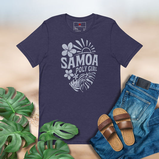 Samoa Poly Girl vintage t-shirt with sunrise, plumeria flower, and tropical leaves design.
