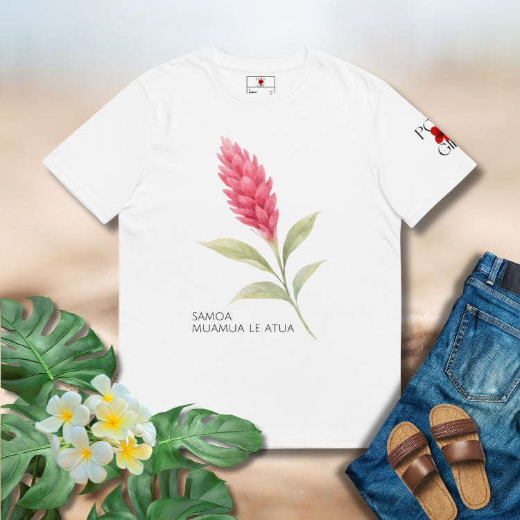 Minimalist red ginger watercolor design on Samoa faith tee by Poly Girl