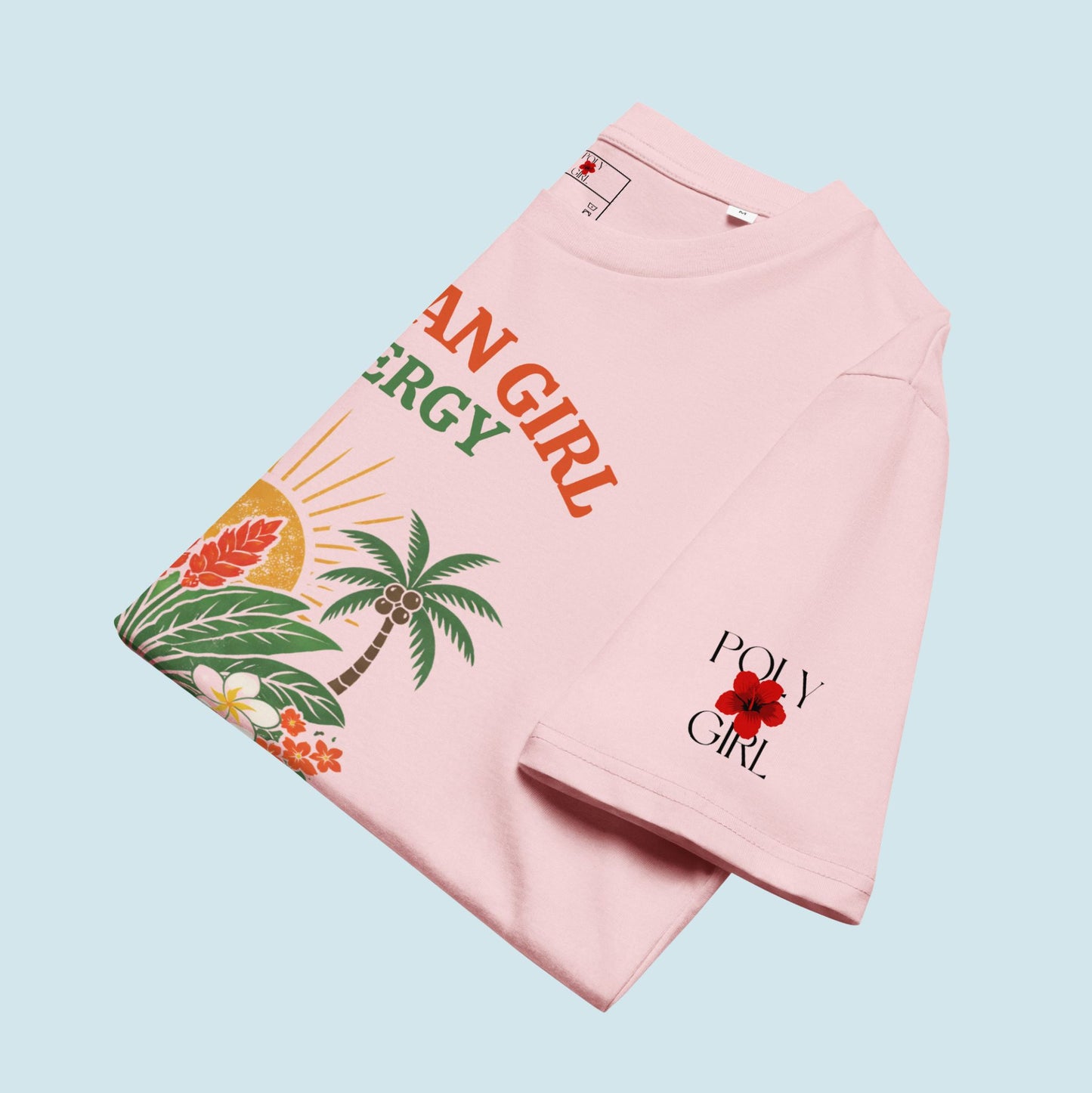 Folded t-shirt with Samoan Girl Energy design and Poly Girl logo