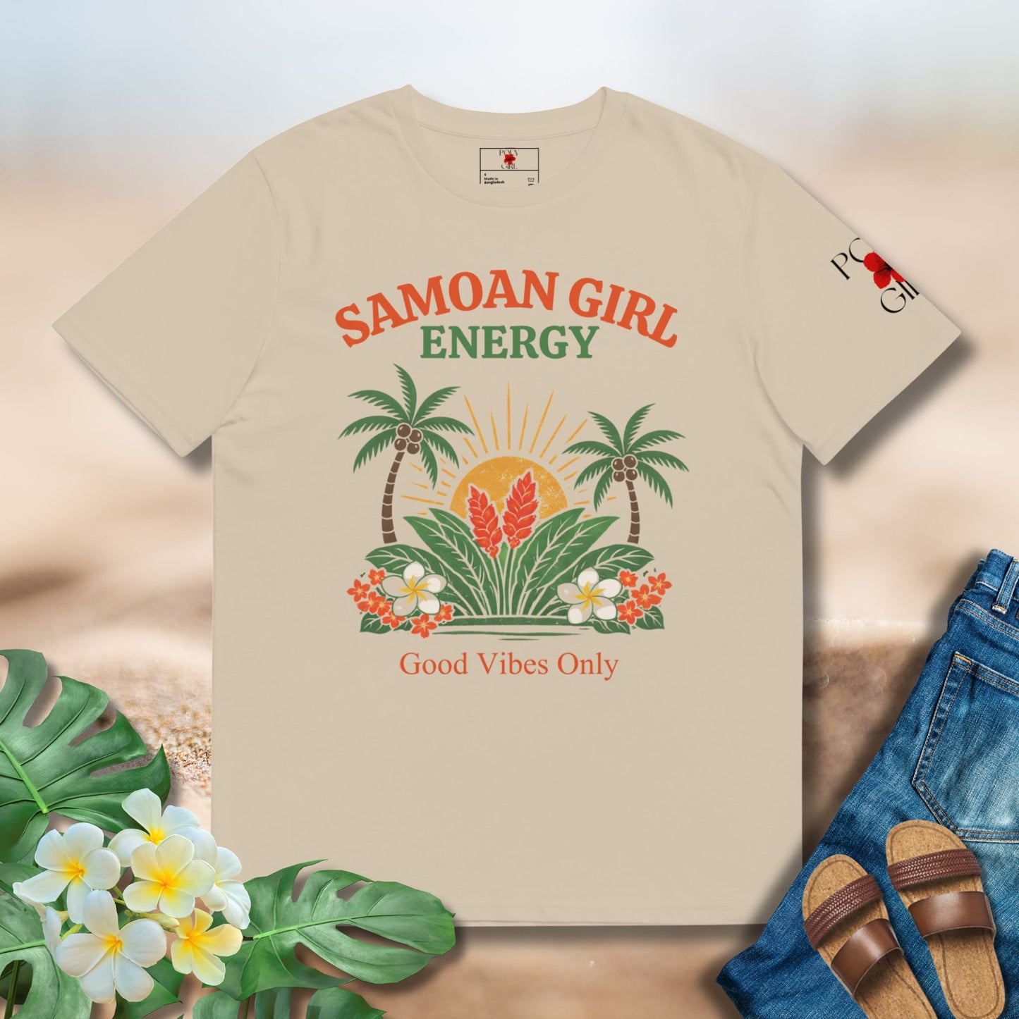 Beige t-shirt with 'Samoan Girl Energy' design on a neutral background