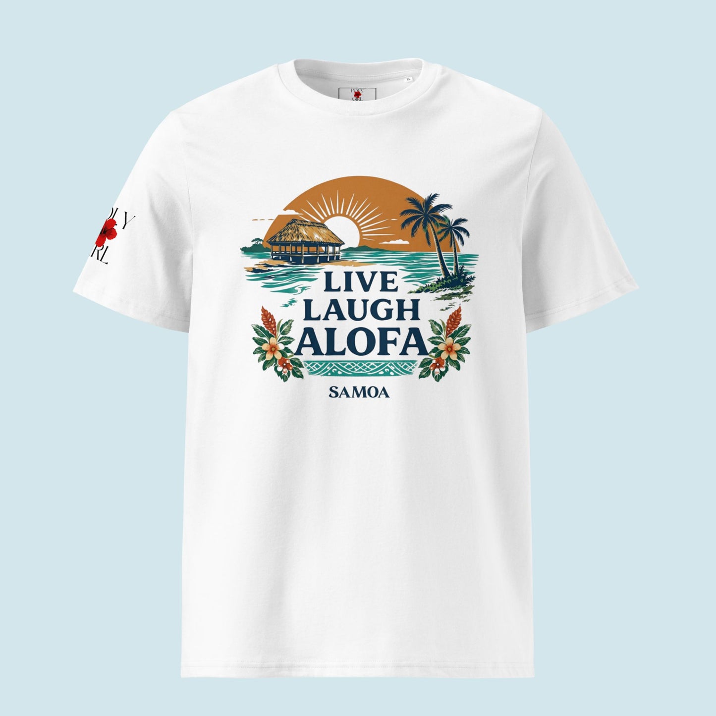 Samoan Tshirt in white with Live Laugh Alofa message