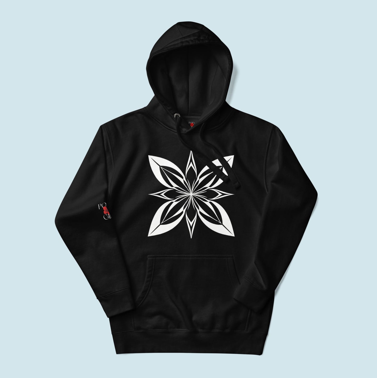 Black hoodie with a white geometric design on a light blue background