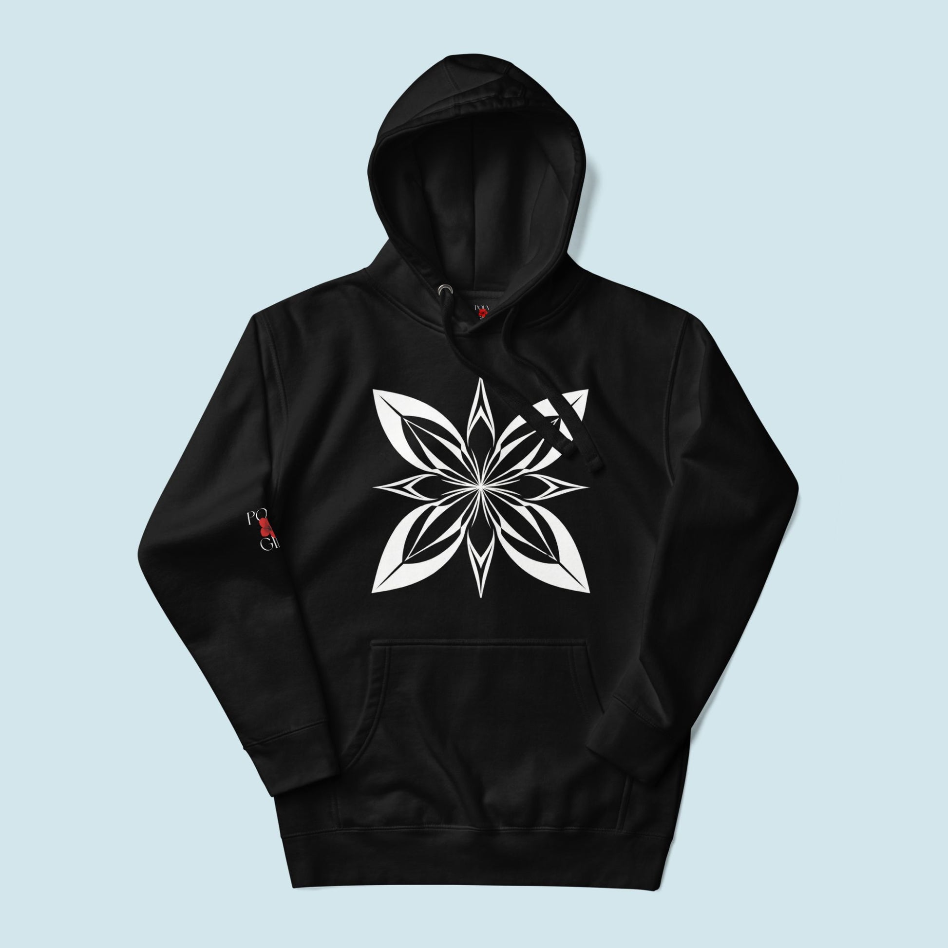 Black hoodie with a white geometric design on a light blue background
