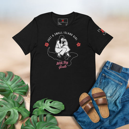 Black t-shirt with graphic design and text, paired with jeans and sandals on a neutral background.