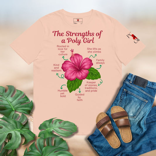 T-shirt with floral design and text of The Strengths of a Poly Girl on peach tshirt.