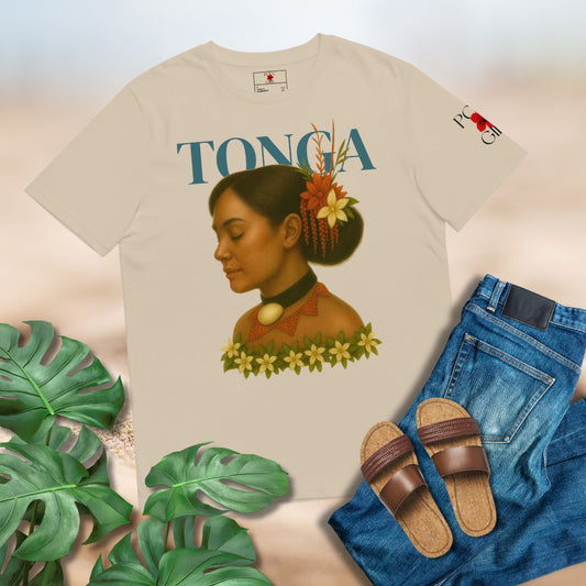 T-shirt with a design of a woman's face and 'Tonga' text, paired with jeans and sandals on a light background.