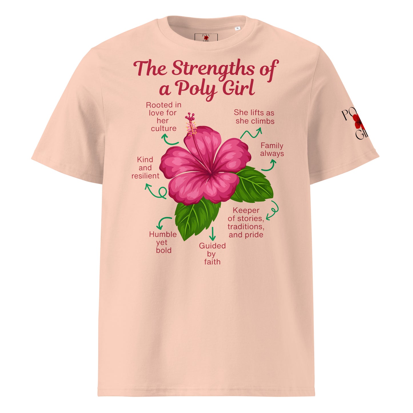 T-shirt with a pink flower graphic and text on a peach background with the text, Strengths of a Poly Girl