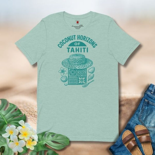 Coconut Horizons Tee featuring a papale niu hat with Tahiti-inspired botanical and geometric motifs in Dusty Blue