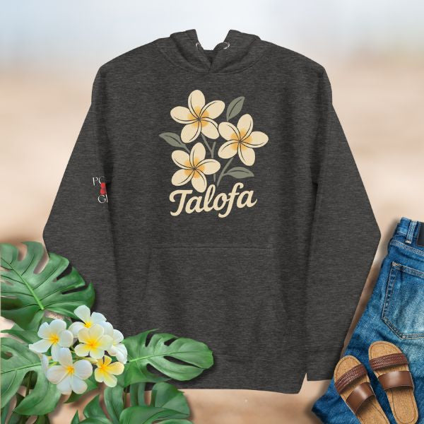 Dark hoodie with pua plumeria flowers and Talofa text representing a Tuvaluan and Samoan greeting.