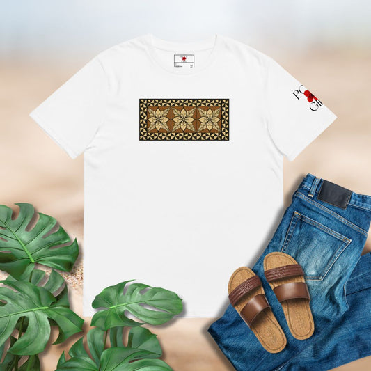 3 flowers on tapa design printed on white tshirt by Poly Girl