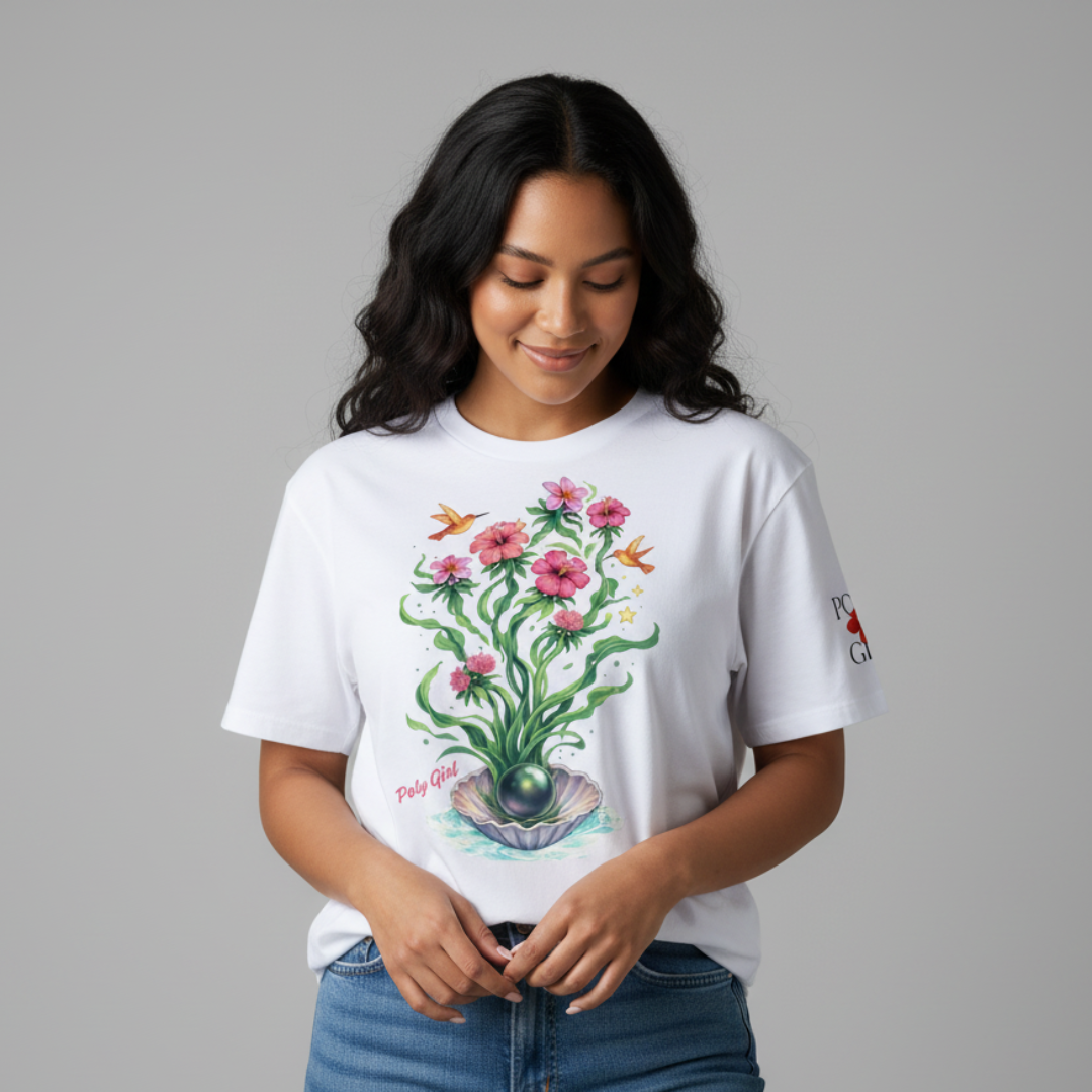 Woman wearing a white t-shirt with a colorful floral design Te Pua o te Moana tshirt by Poly Girl 