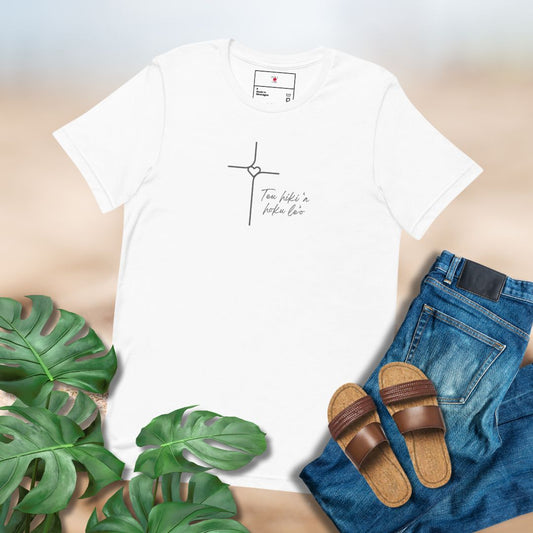 Ladies' white t-shirt with Tongan hymn "Teu hiki 'a hoku le'o" printed on the front.